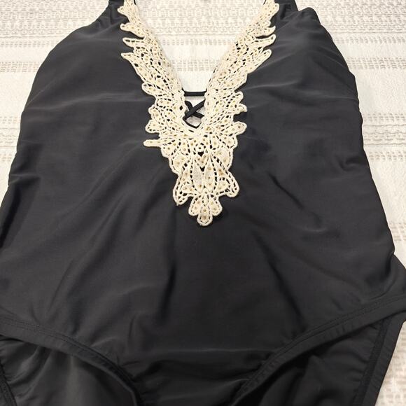 Venus Black One Piece Swimsuit Crochet Lace Detail Halter Swim Size 14 NEW - Picture 5 of 6